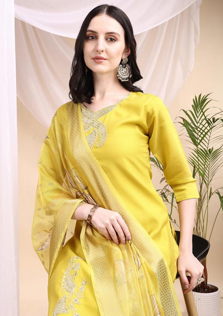 Yellow Embroidery Chanderi Kurta Set - Indya