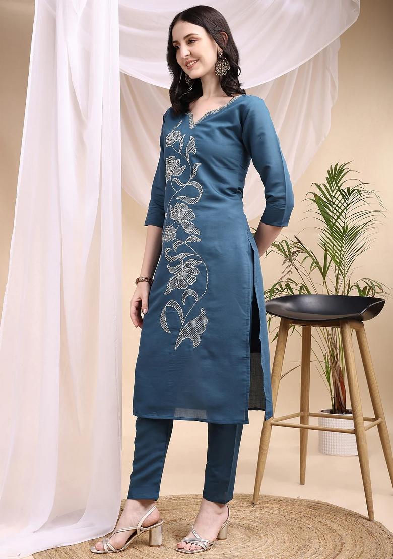 Blue Embroidery Chanderi Kurta Set - Indya