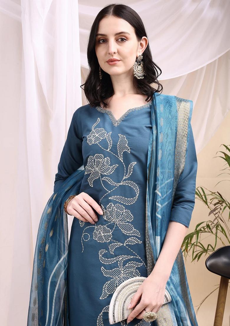 Blue Embroidery Chanderi Kurta Set - Indya