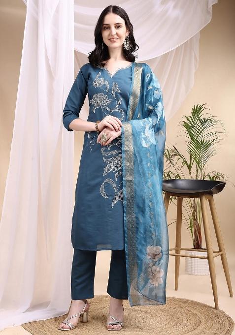 Blue Embroidery Chanderi Kurta Set