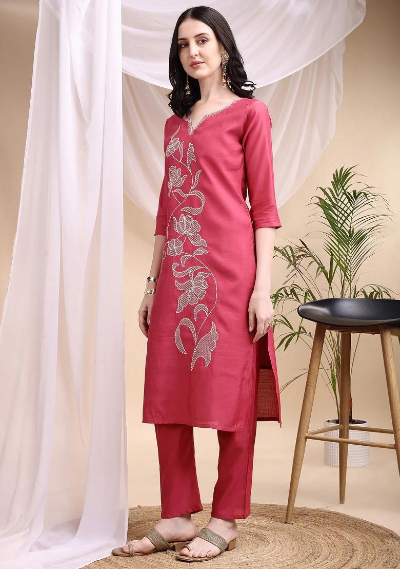 Pink Embroidery Chanderi Kurta Set - Indya