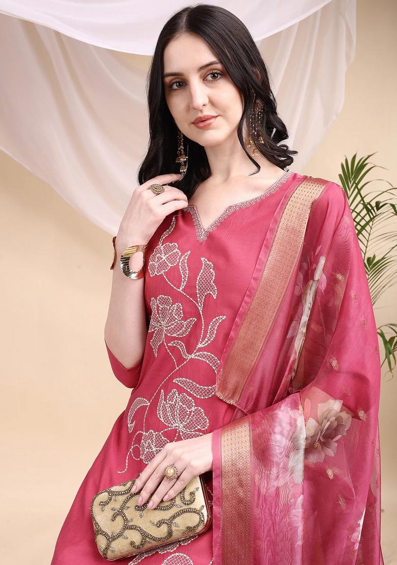Pink Embroidery Chanderi Kurta Set - Indya