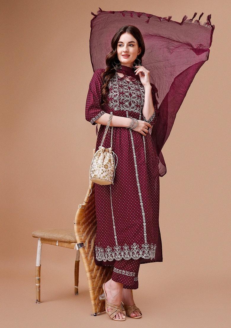 Multicolor Embroidery Rayon Kurta Set - Indya