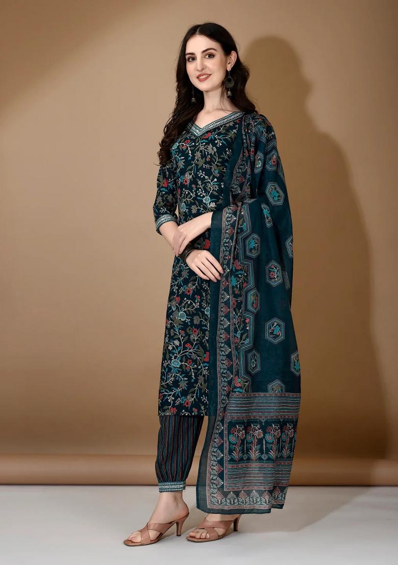 Blue Embroidery Rayon Kurta Set - Indya
