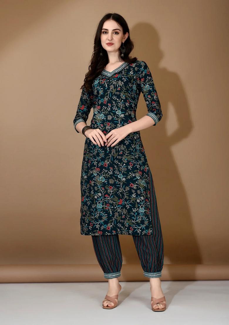 Blue Embroidery Rayon Kurta Set - Indya