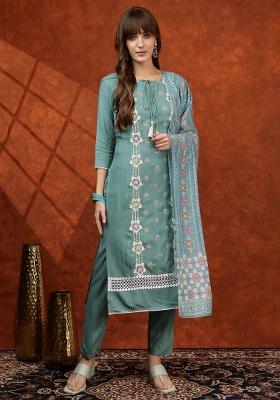 Turquoise Embroidery Rayon Kurta Set