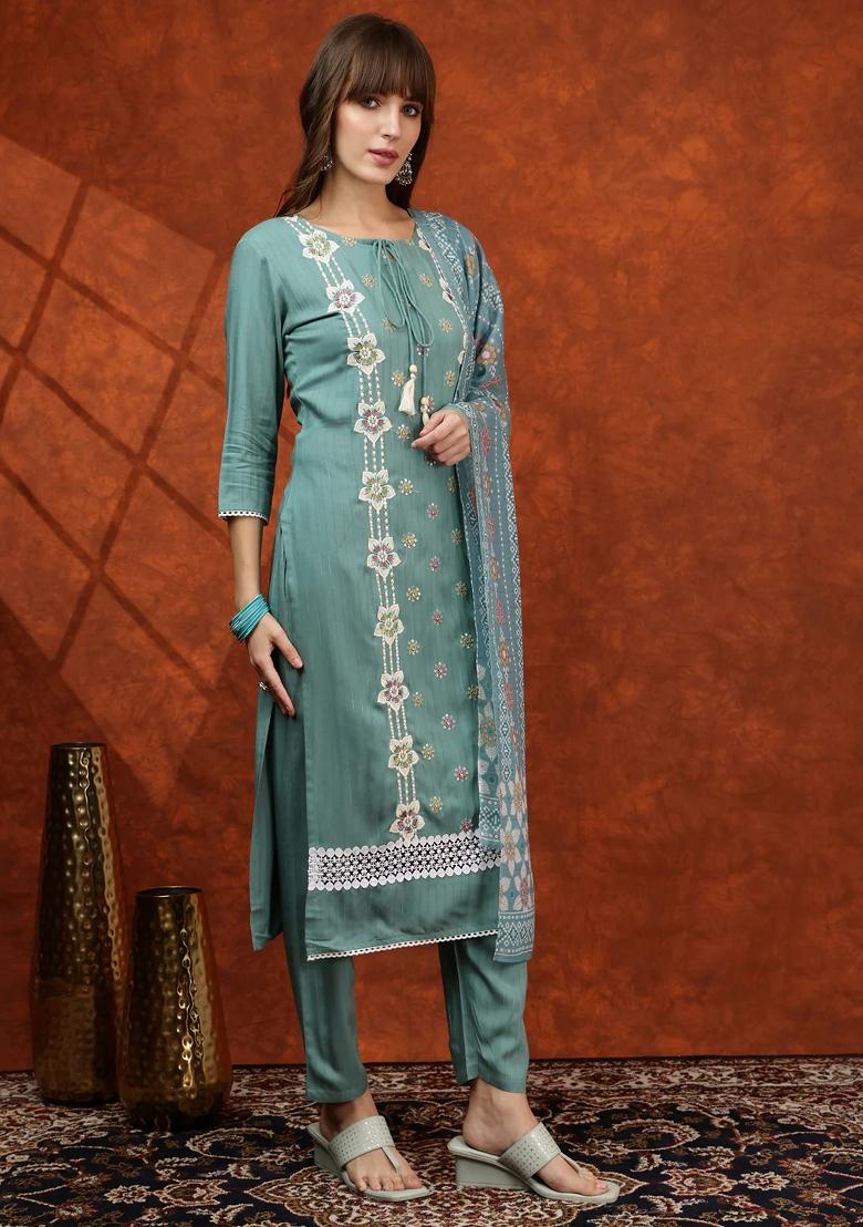 Turquoise Embroidery Rayon Kurta Set - Indya