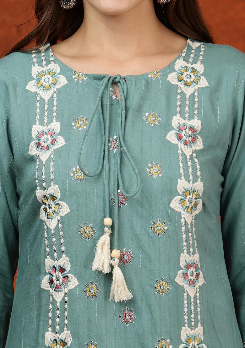 Turquoise Embroidery Rayon Kurta Set - Indya