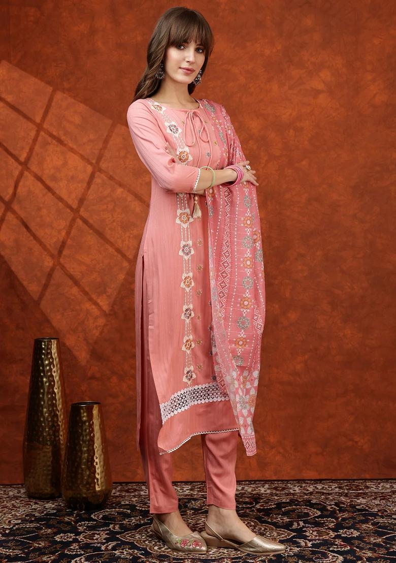 Pink Embroidery Rayon Kurta Set - Indya
