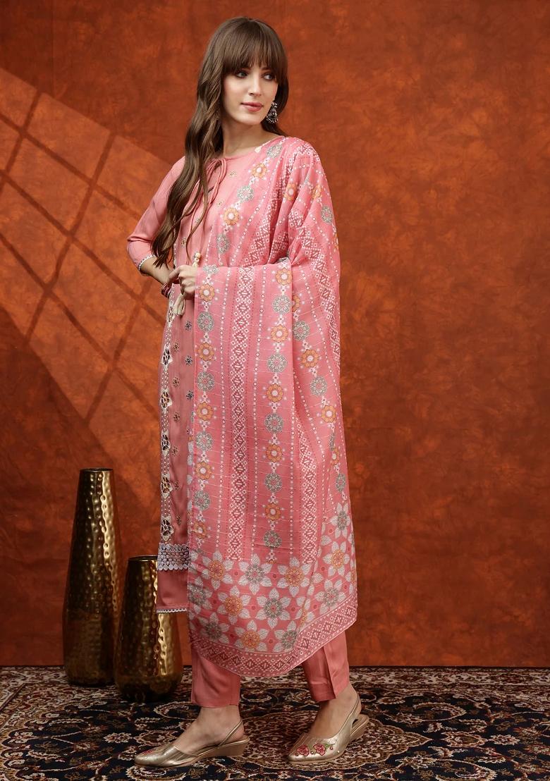 Pink Embroidery Rayon Kurta Set - Indya