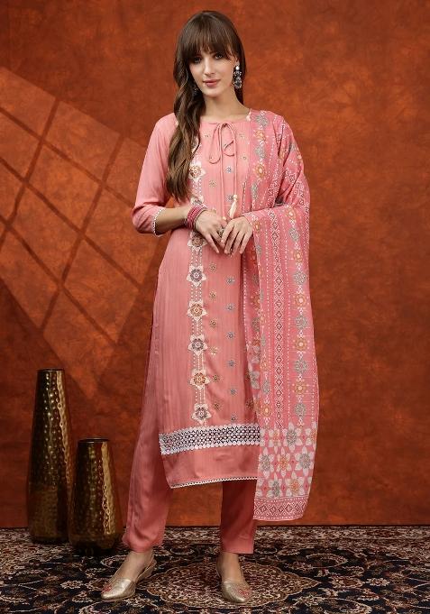 Pink Embroidery Rayon Kurta Set
