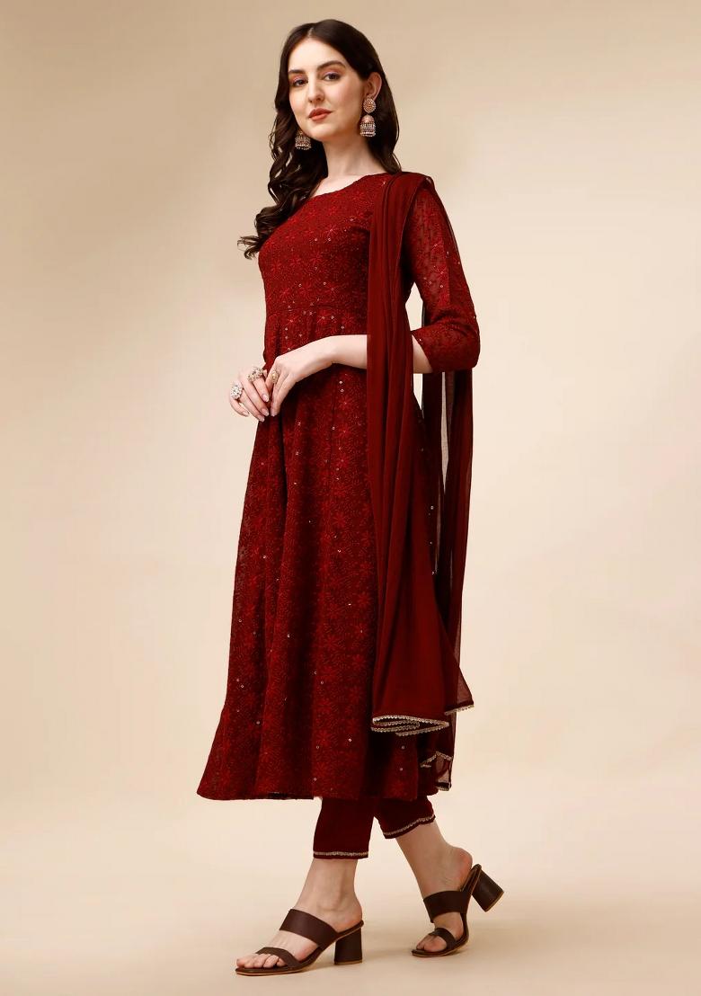 Maroon Embroidery Georgette Kurta Set - Indya