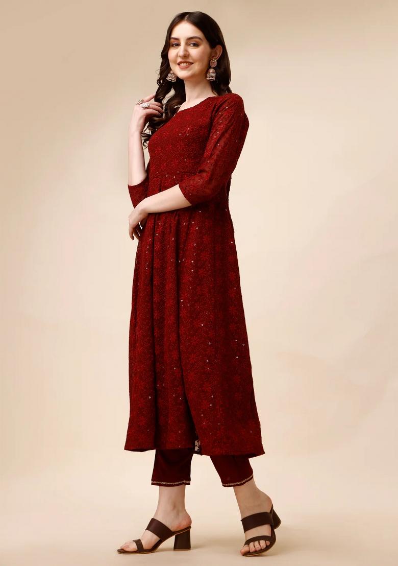 Maroon Embroidery Georgette Kurta Set - Indya