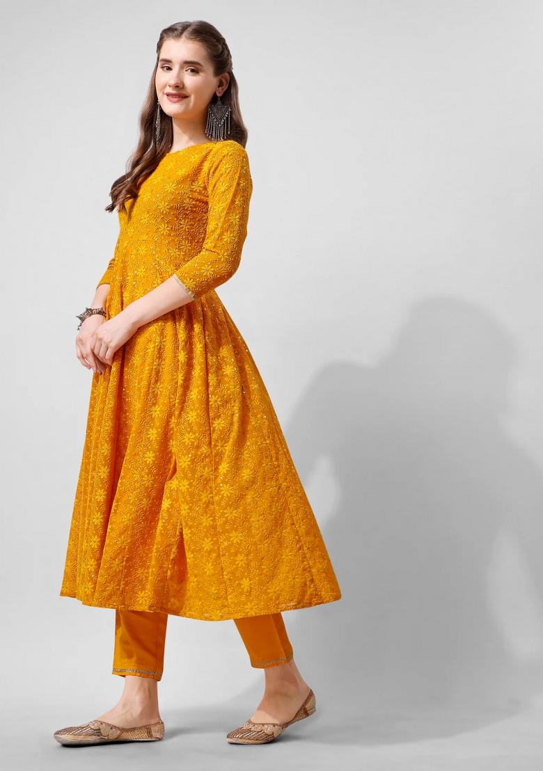 Mustard Embroidery Georgette Kurta Set - Indya