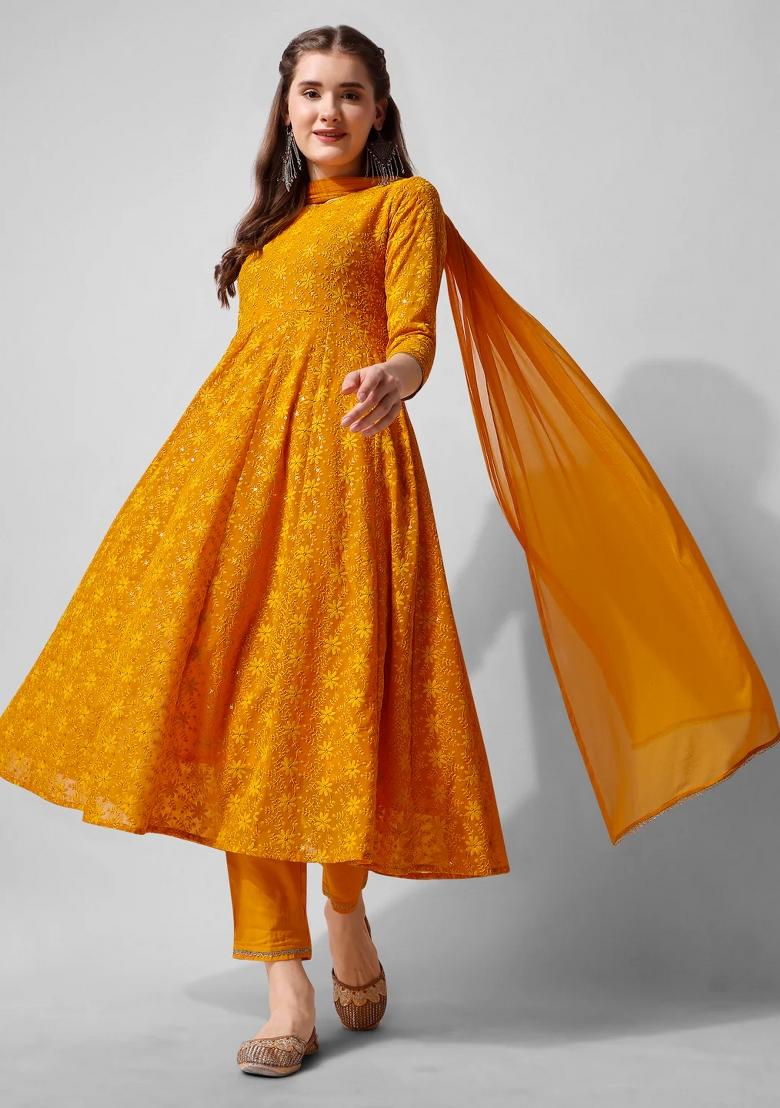 Mustard Embroidery Georgette Kurta Set - Indya