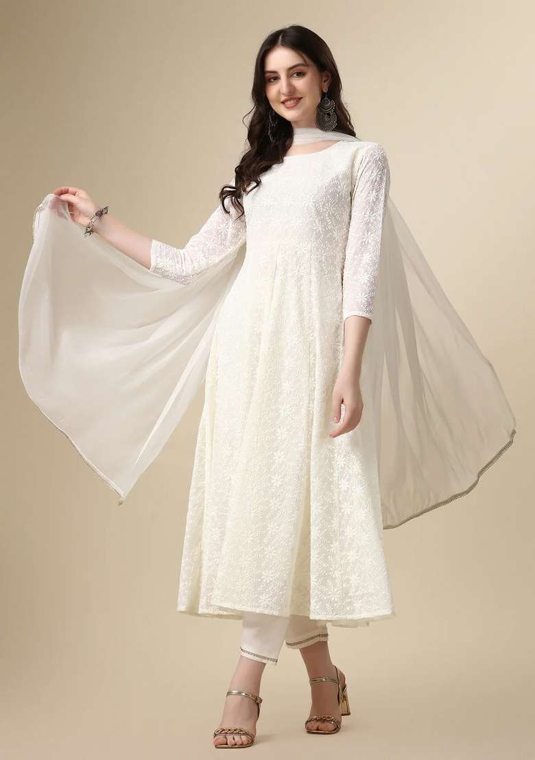 White Chikankari Georgette A Line Kurta Set - Indya