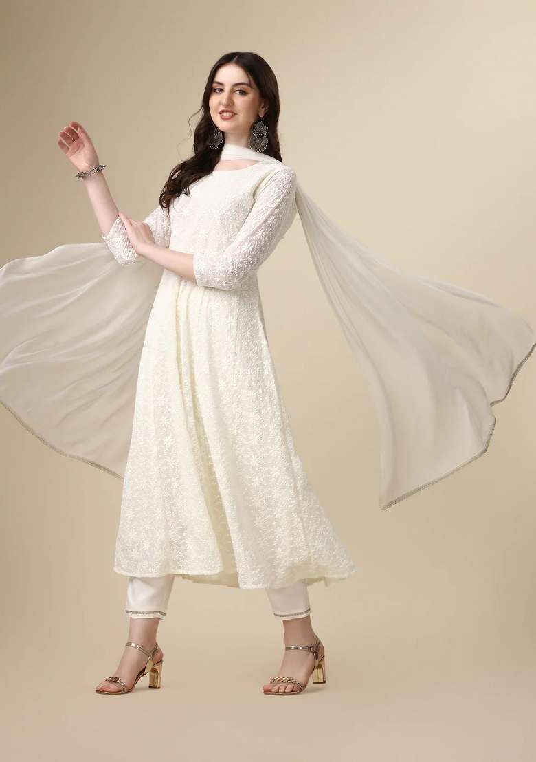 White Chikankari Georgette A Line Kurta Set - Indya