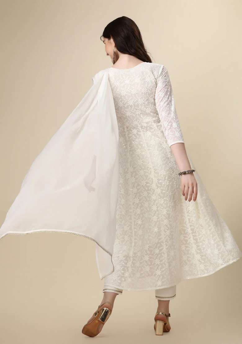 White Chikankari Georgette A Line Kurta Set - Indya