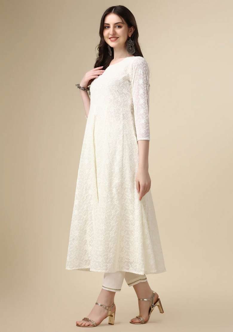 White Chikankari Georgette A Line Kurta Set - Indya