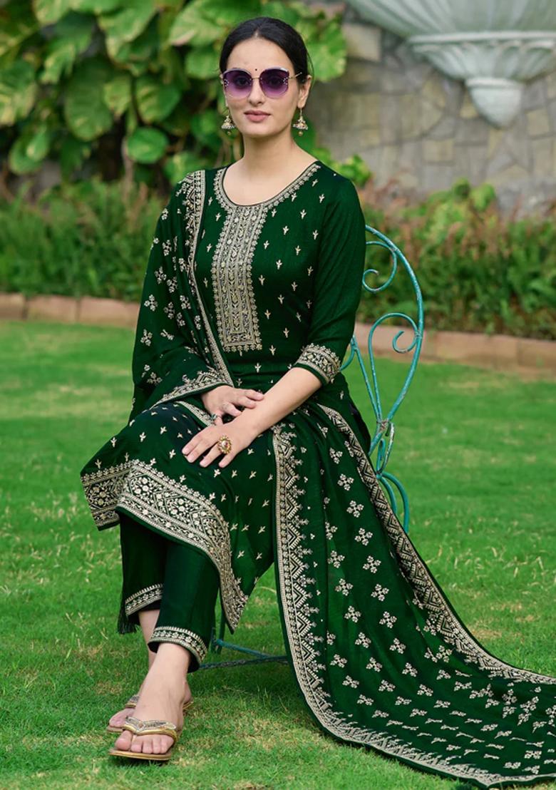 Bottle Green Embroidery Silk Kurta Set - Indya