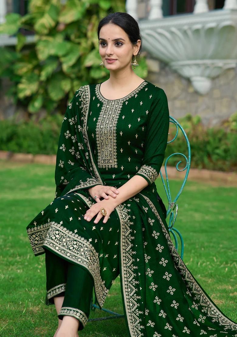 Bottle Green Embroidery Silk Kurta Set - Indya