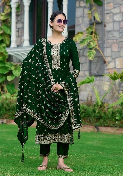 Bottle Green Embroidery Silk Kurta Set