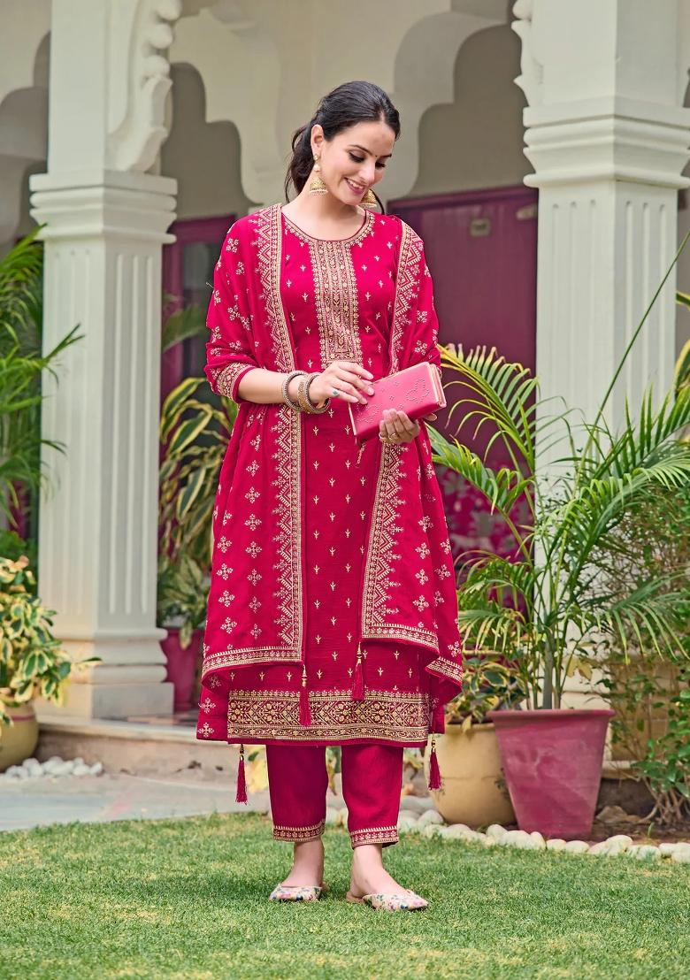 Pink Embroidery Silk Kurta Set - Indya