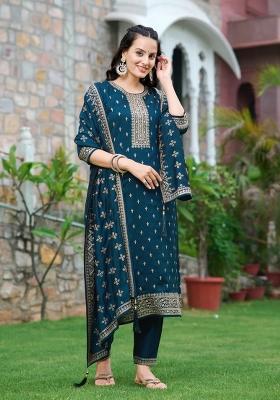 Navy Blue Embroidery Silk Kurta Set