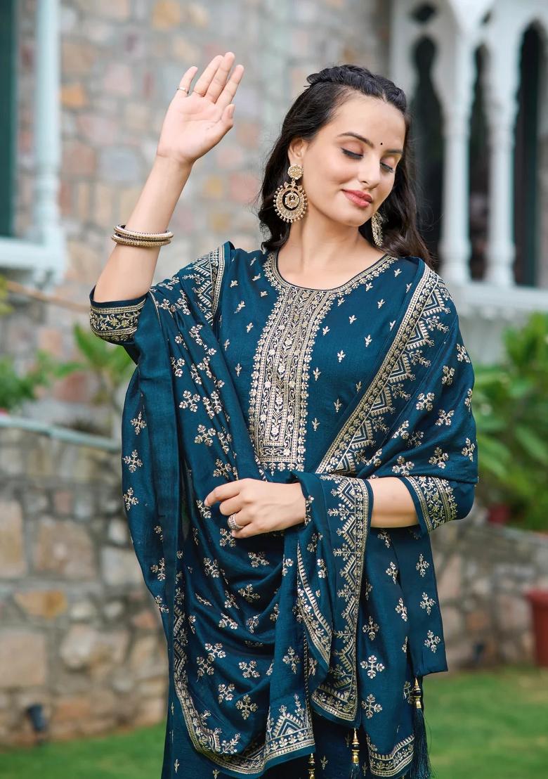 Navy Blue Embroidery Silk Kurta Set - Indya