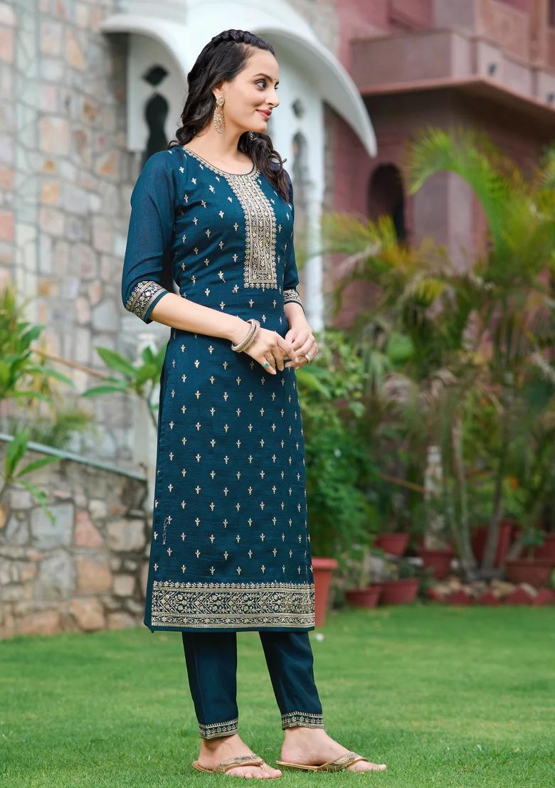 Navy Blue Embroidery Silk Kurta Set - Indya