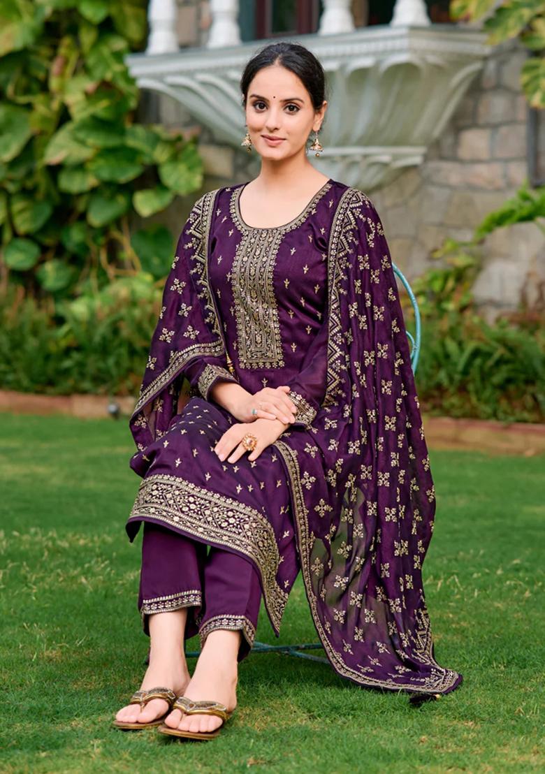 Purple Embroidery Silk Kurta Set - Indya
