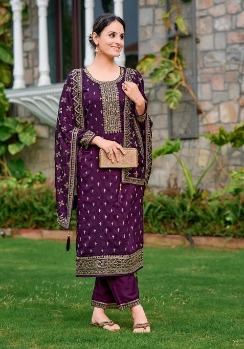 Purple Embroidery Silk Kurta Set