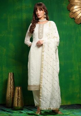 White Embroidery Silk Kurta Set