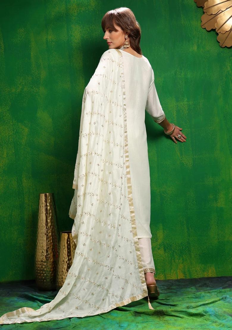 White Embroidery Silk Kurta Set - Indya