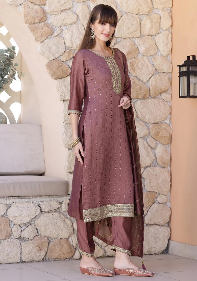 Mauve Embroidery Silk Kurta Set - Indya