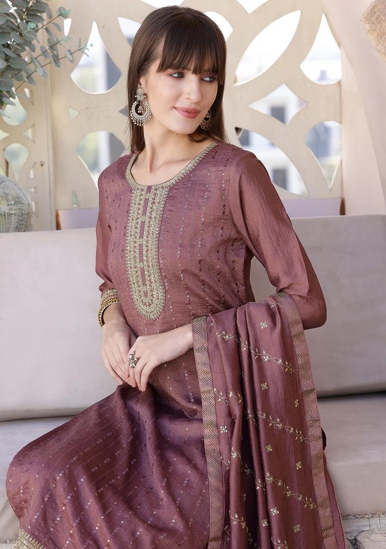 Mauve Embroidery Silk Kurta Set - Indya