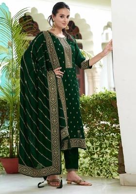 Bottle Green Embroidery Silk Kurta Set