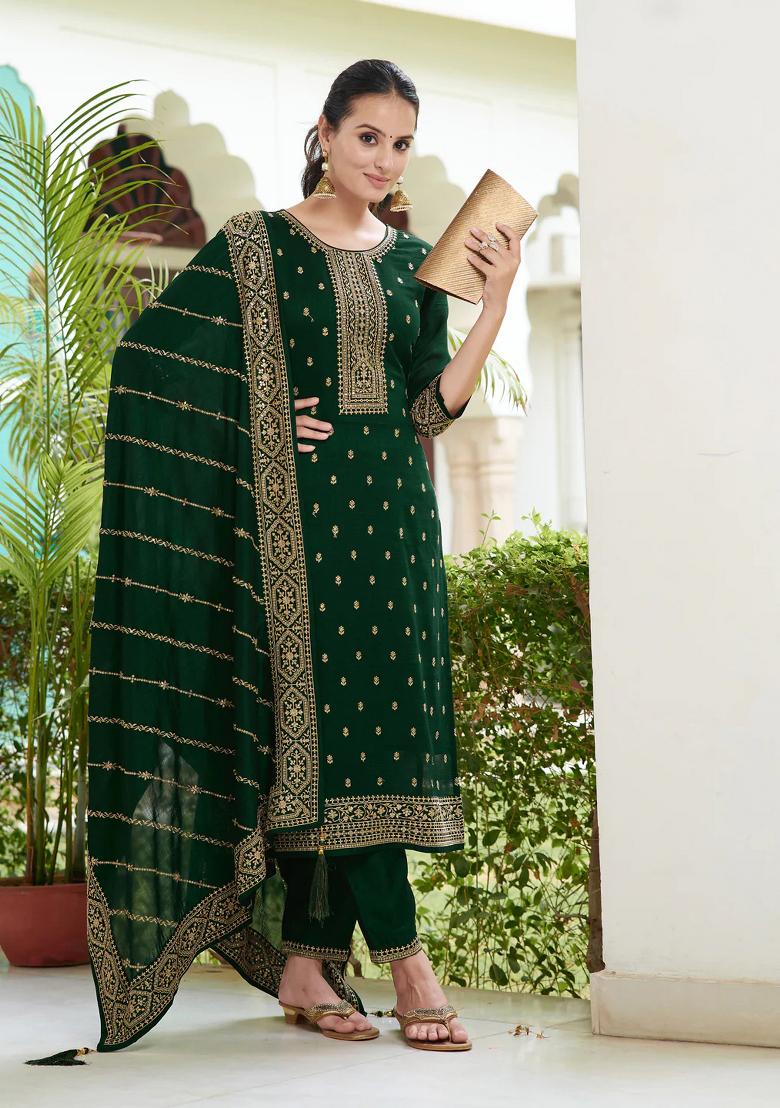 Bottle Green Embroidery Silk Kurta Set - Indya