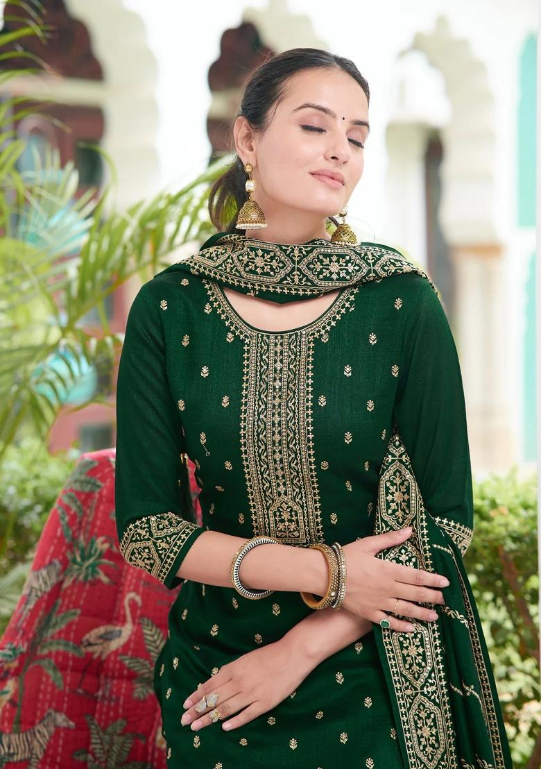 Bottle Green Embroidery Silk Kurta Set - Indya