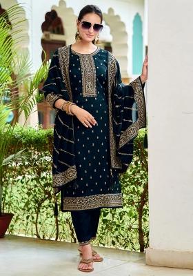 Navy Blue Embroidery Silk Kurta Set