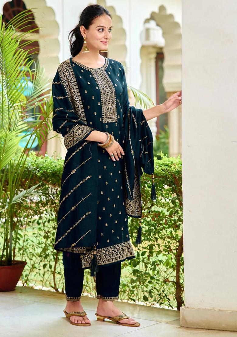 Navy Blue Embroidery Silk Kurta Set - Indya