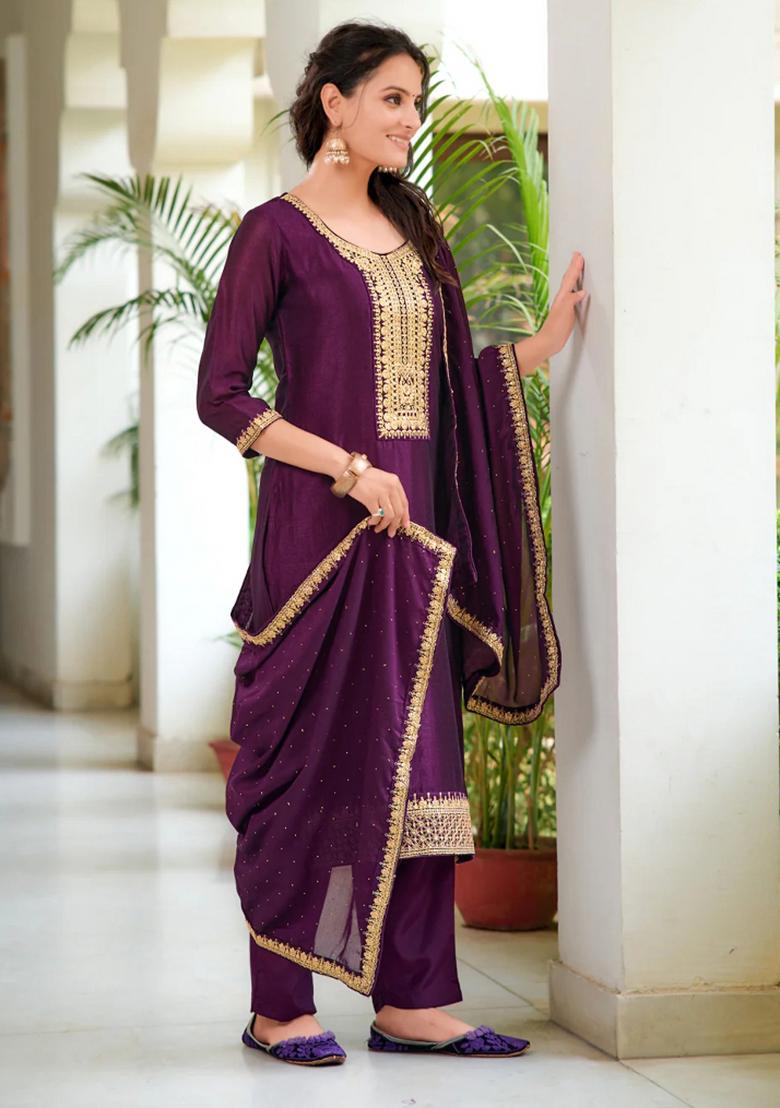 Wine Embroidery Silk Kurta Set - Indya