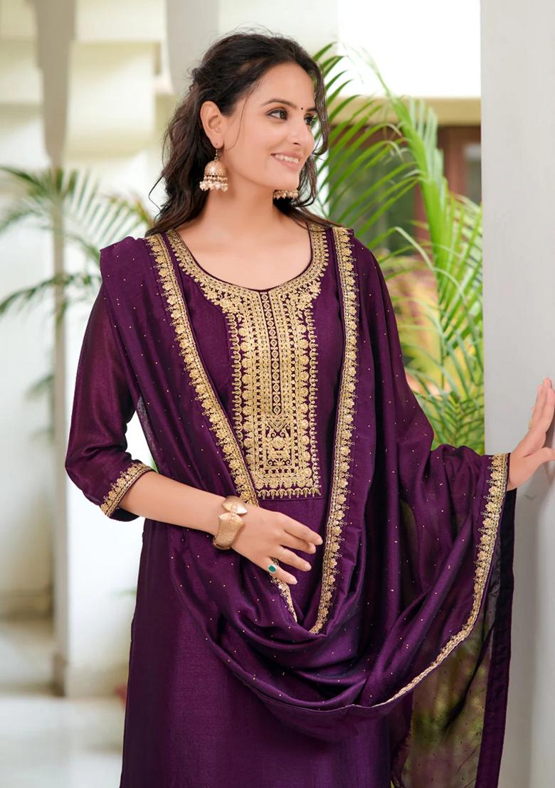 Wine Embroidery Silk Kurta Set - Indya