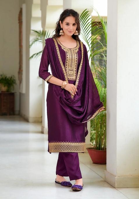 Wine Embroidery Silk Kurta Set