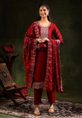 Maroon Embroidery Silk Kurta Set