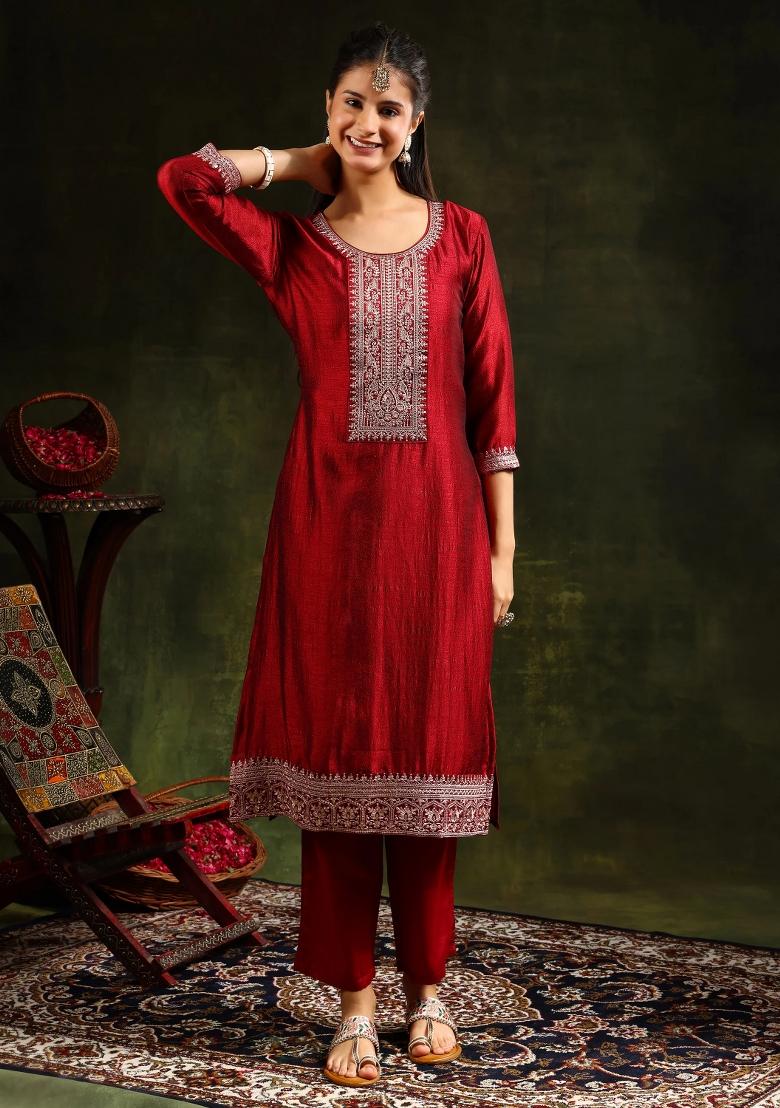 Maroon Embroidery Silk Kurta Set - Indya