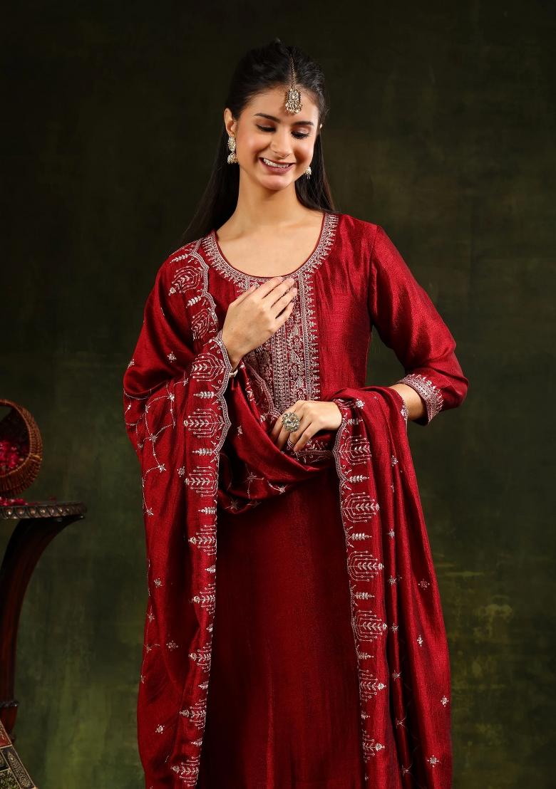 Maroon Embroidery Silk Kurta Set - Indya