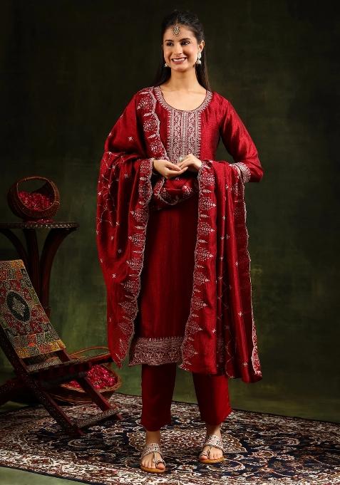 Maroon Embroidery Silk Kurta Set