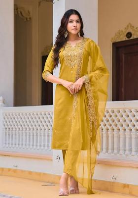 Mustard Embroidery Chanderi Kurta Set