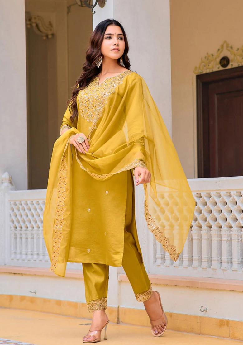 Mustard Embroidery Chanderi Kurta Set - Indya